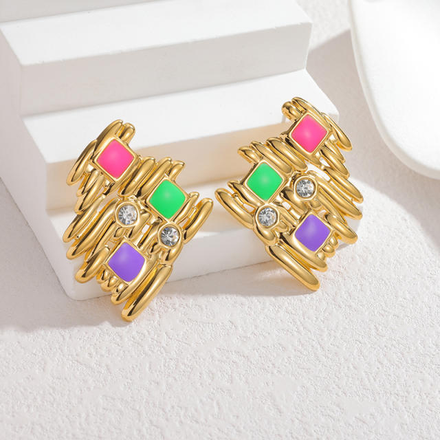 18KG geometric fold pattern enamel stainless steel earrings
