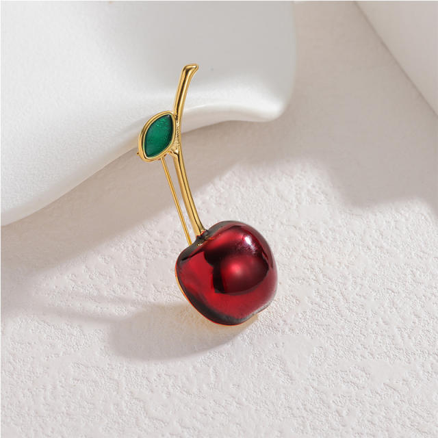 18KG hot sale red enamel cherry apple stainless steel brooch