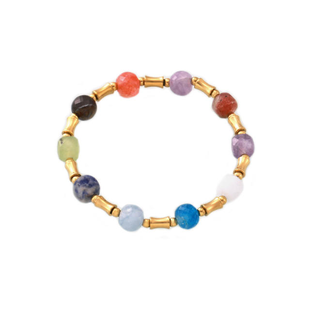 Boho colorful natural stone bead stainless steel bracelet elastic bracelet