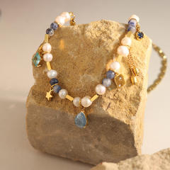 French Retro Natural Stone Freshwater Pearl Glass Stone Crystal stainless Steel necklace