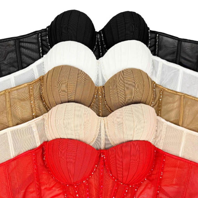 Sexy Mesh Sling Inner Vest with Chest Pad Outer Wear Flash Diamond Fishbone corset tops camisole