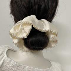 Handmade Tassel Shell Pearl White Scrunchie Square Scarf Hair Tie for Women