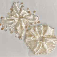 Handmade Tassel Shell Pearl White Scrunchie Square Scarf Hair Tie for Women