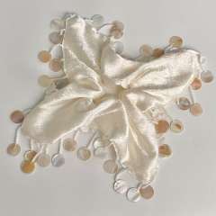 Handmade Tassel Shell Pearl White Scrunchie Square Scarf Hair Tie for Women