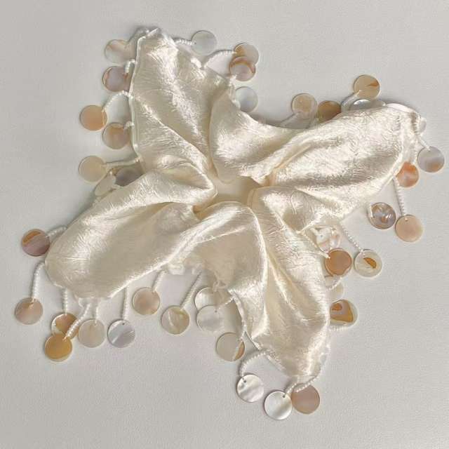 Handmade Tassel Shell Pearl White Scrunchie Square Scarf Hair Tie for Women
