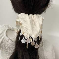 Handmade Tassel Shell Pearl White Scrunchie Square Scarf Hair Tie for Women