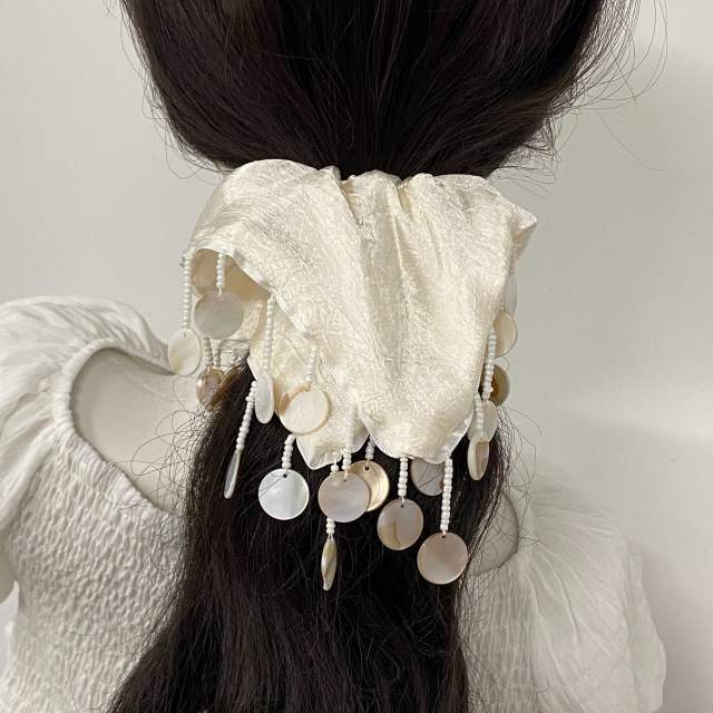 Handmade Tassel Shell Pearl White Scrunchie Square Scarf Hair Tie for Women
