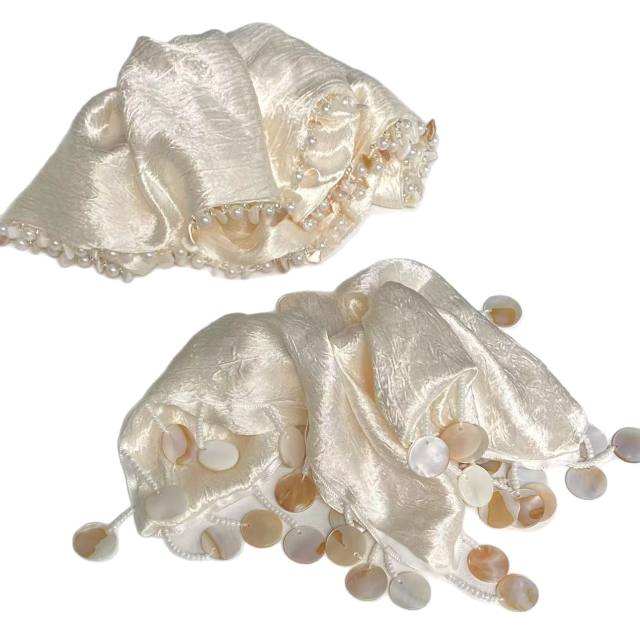 Handmade Tassel Shell Pearl White Scrunchie Square Scarf Hair Tie for Women