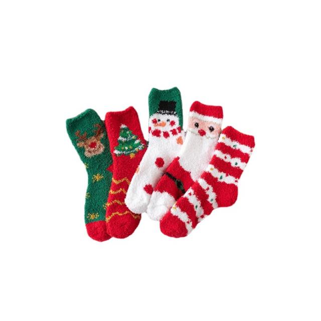 5 pair Christmas red socks for women thickened-warm home socks coral velvet floor socks plush mid-calf