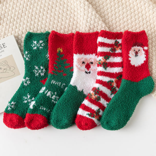 5pair Christmas red socks for women thickened warm home socks coral velvet floor socks plush
