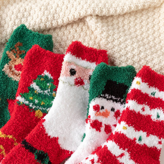 5 pair Christmas red socks for women thickened-warm home socks coral velvet floor socks plush mid-calf