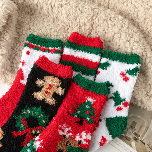 5pair Red Christmas tree socks women thick warm home socks coral fleece floor socks