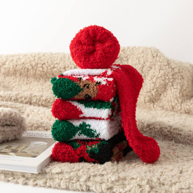 5pair Red Christmas tree socks women thick warm home socks coral fleece floor socks
