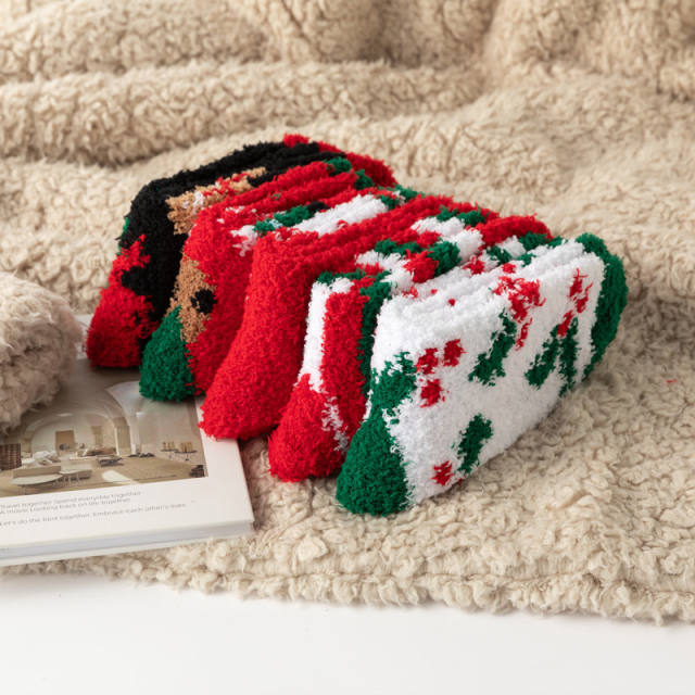 5pair Red Christmas tree socks women thick warm home socks coral fleece floor socks