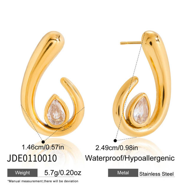 18KG unique drop shape cubic zircon inlaid stainless steel earrings