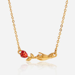 Classic hand of friendship rose flower stainless steel necklace