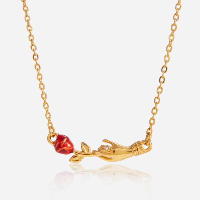 Classic hand of friendship rose flower stainless steel necklace