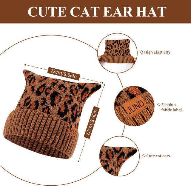 3pcs set cute cat ear design leopard pattern kniited scarf gloove set winter set