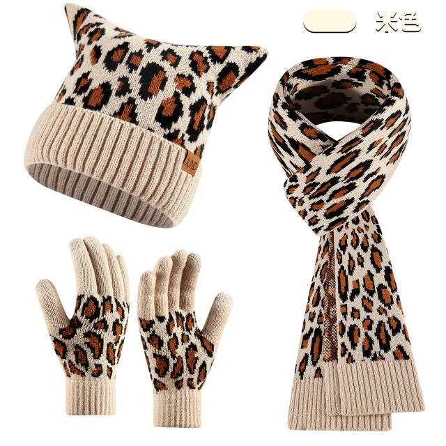 3pcs set cute cat ear design leopard pattern kniited scarf gloove set winter set