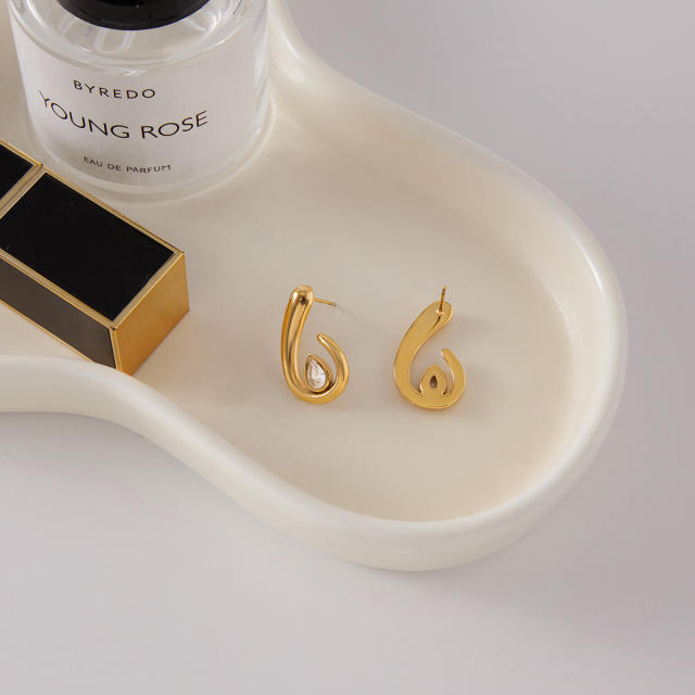 18KG unique drop shape cubic zircon inlaid stainless steel earrings