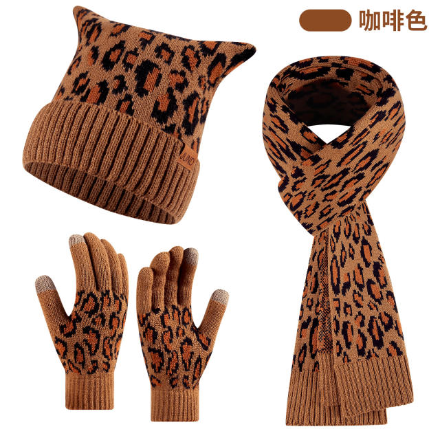 3pcs set cute cat ear design leopard pattern kniited scarf gloove set winter set