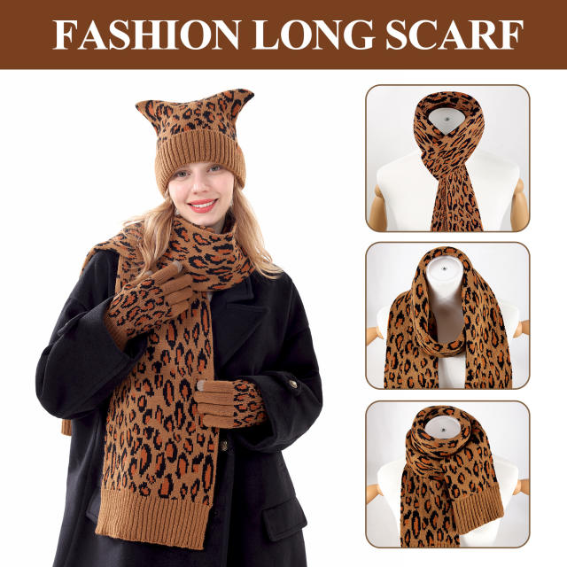 3pcs set cute cat ear design leopard pattern kniited scarf gloove set winter set