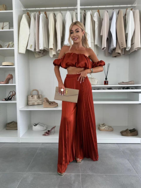 Summer Pure Color Elegant Tube Top Pleated Pants Suit