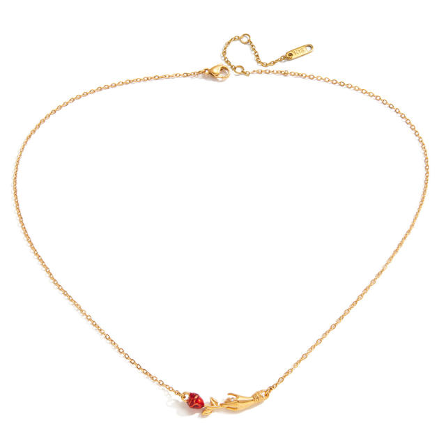 Classic hand of friendship rose flower stainless steel necklace
