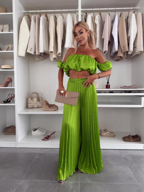 Summer Pure Color Elegant Tube Top Pleated Pants Suit