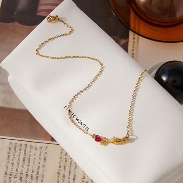 Classic hand of friendship rose flower stainless steel necklace