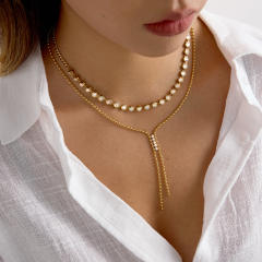 Y shape long tassel cubic zircon stainless steel necklace