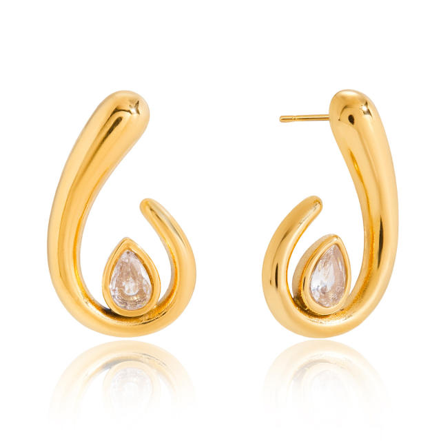 18KG unique drop shape cubic zircon inlaid stainless steel earrings