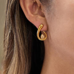 18KG unique drop shape cubic zircon inlaid stainless steel earrings
