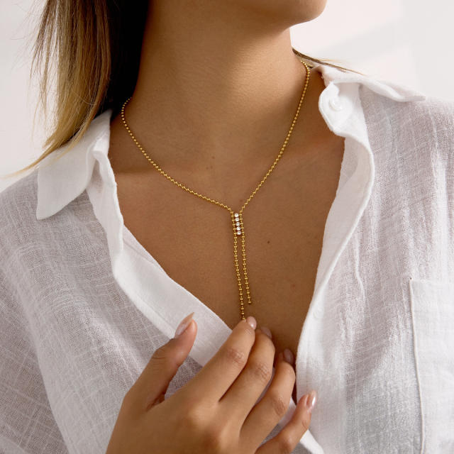 Y shape long tassel cubic zircon stainless steel necklace