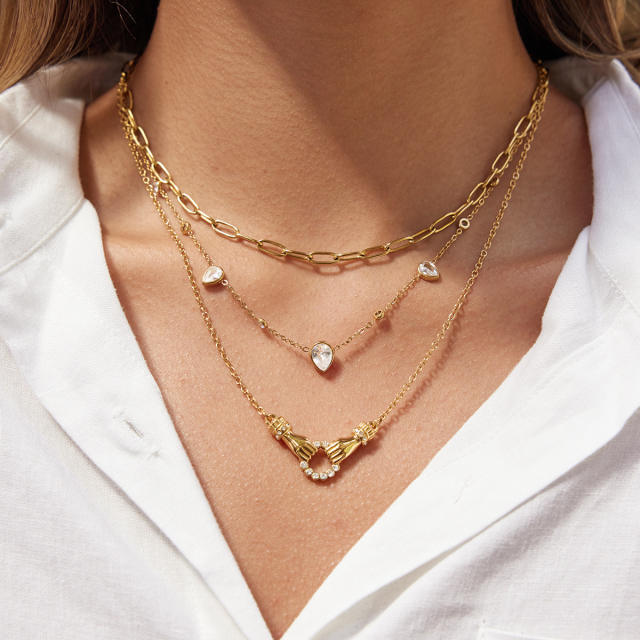 Classic diamond circle Hand of Friendship stainless steel necklace