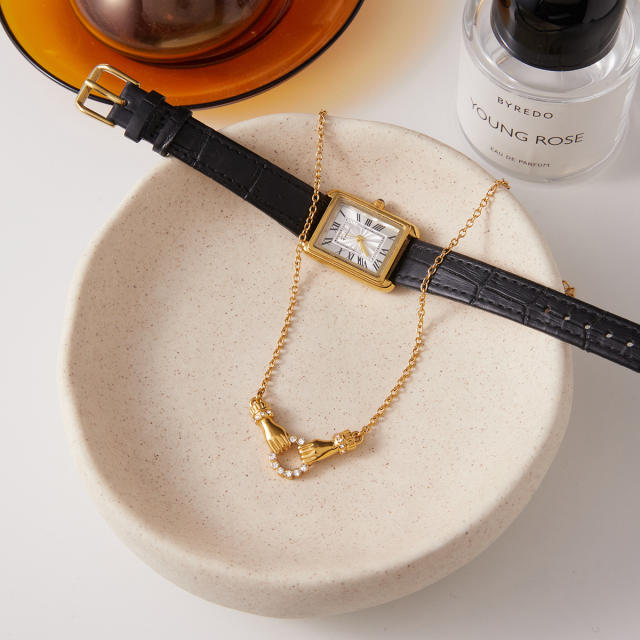 Classic diamond circle Hand of Friendship stainless steel necklace