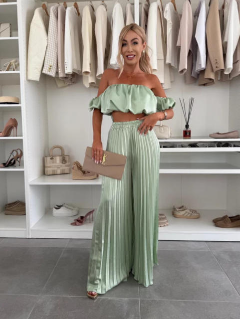 Summer Pure Color Elegant Tube Top Pleated Pants Suit