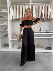 Summer Pure Color Elegant Tube Top Pleated Pants Suit
