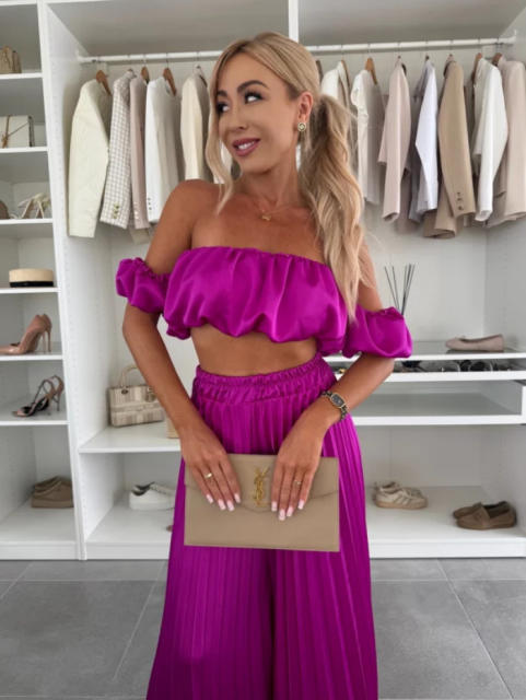 Summer Pure Color Elegant Tube Top Pleated Pants Suit