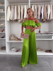 Summer Pure Color Elegant Tube Top Pleated Pants Suit