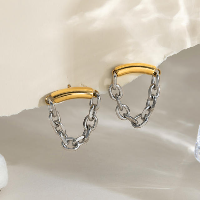 Simple mix color chain geometric stainless steel earrings