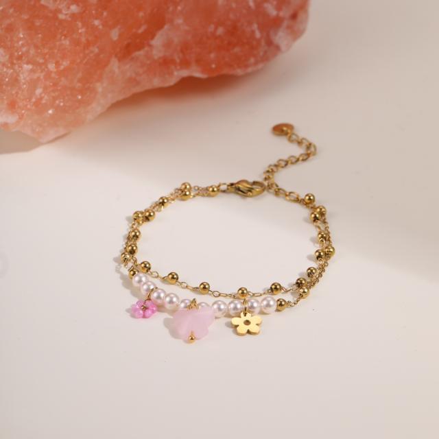 Boho thin chain pink bead stainless steel bracelet for women