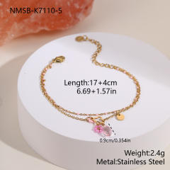 Boho thin chain pink bead stainless steel bracelet for women