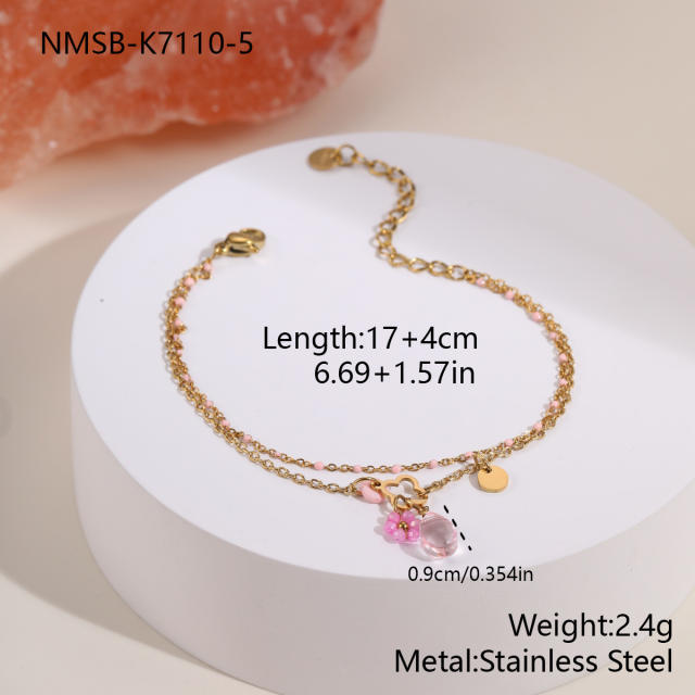 Boho thin chain pink bead stainless steel bracelet for women