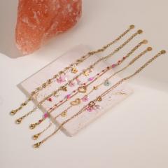 Boho thin chain pink bead stainless steel bracelet for women