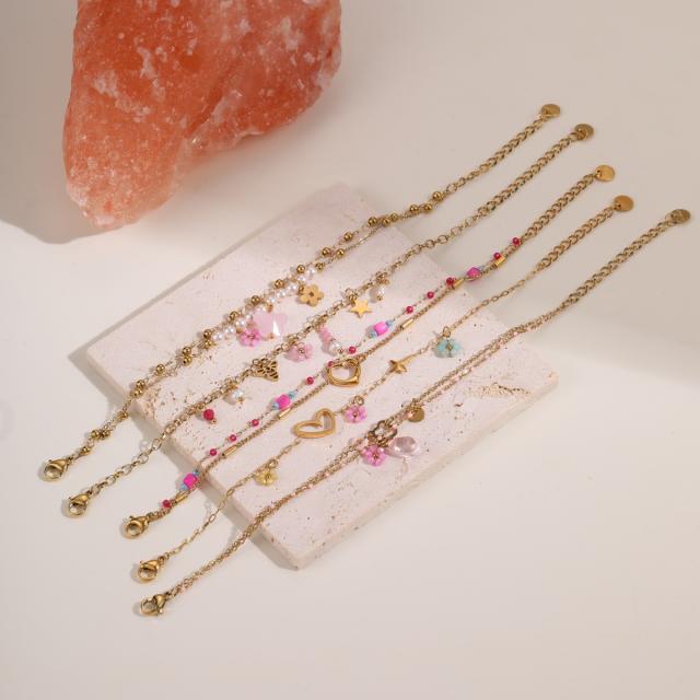 Boho thin chain pink bead stainless steel bracelet for women