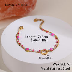 Boho thin chain pink bead stainless steel bracelet for women