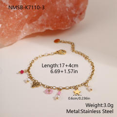 Boho thin chain pink bead stainless steel bracelet for women