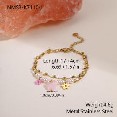 Boho thin chain pink bead stainless steel bracelet for women