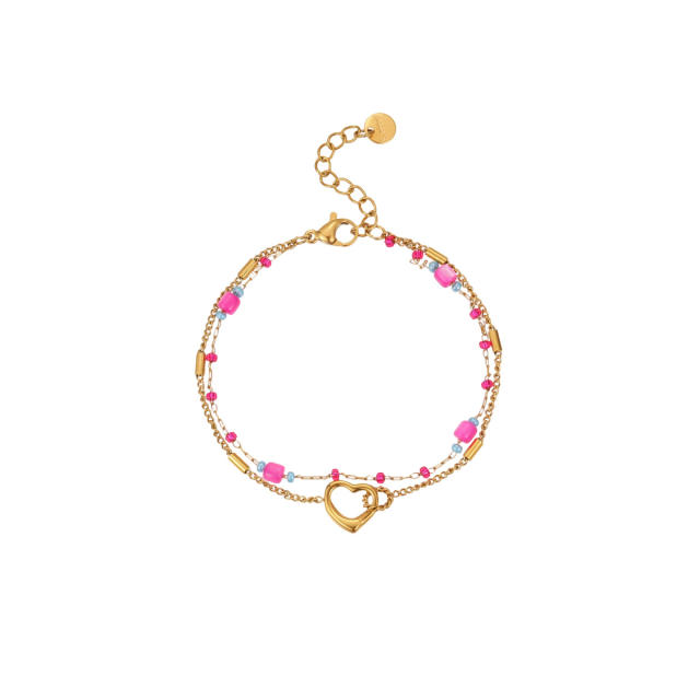 Boho thin chain pink bead stainless steel bracelet for women